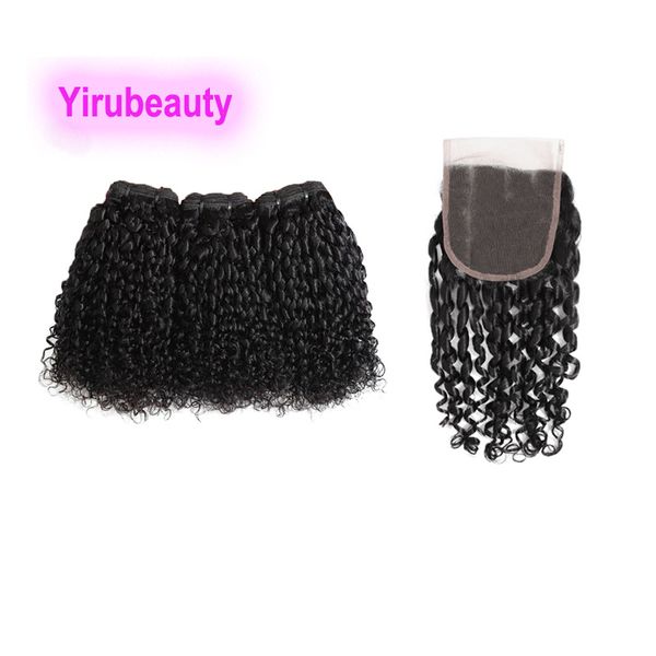

malaysian virgin hair pixie curly funmi hair 3 bundles with 4x4 lace closure part natural color, Black;brown