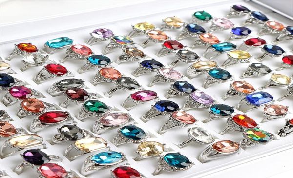 

whole 50pcslot fashion colorful glass imitation gemstone rings for women mix color party gifts jewelry6021546, Golden;silver