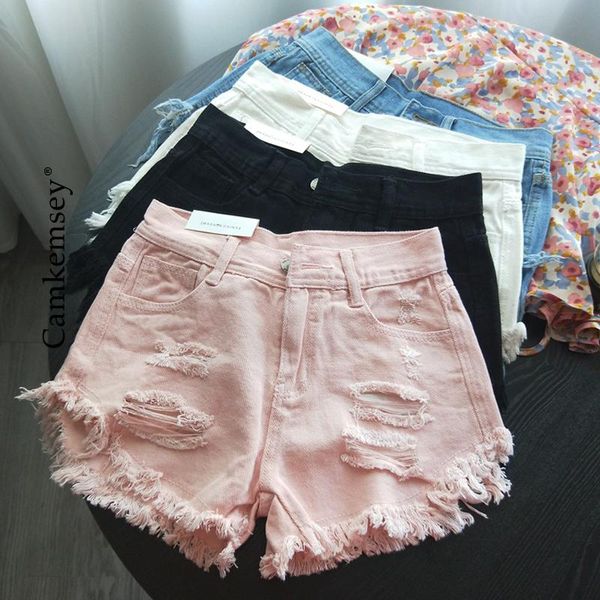 

shorts camkemsey basic summer denim shorts women korean casual mid waist cuffed tassels ripped holes pink jeans shorts, White;black