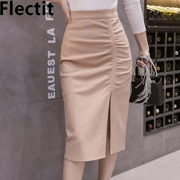 

dresses flectit ruching midi skirt women side slit high waist pencil skirt elegant office ladies outfit, White;black