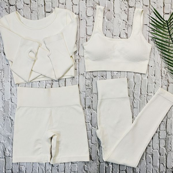 

women's two piece pants ribbed women sets fitness suit seamless sportswear gym clothing stripe legging long sleeve sport outfits woman, White