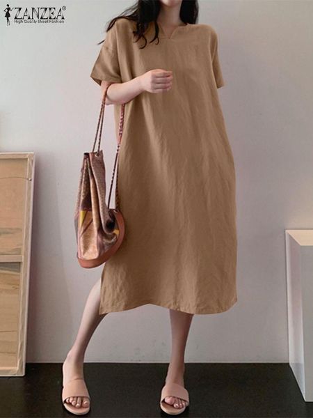 

dresses vintage solid mid dress women summer sundress 2022 zanzea casual short sleeve long vestidos female v neck robe femme oversized, Black;gray