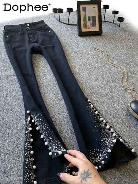

jeans harajuku black sequins flared jeans for women 2022 new summer high waist slimming diamond beaded split denim bellbottomed pants, Blue