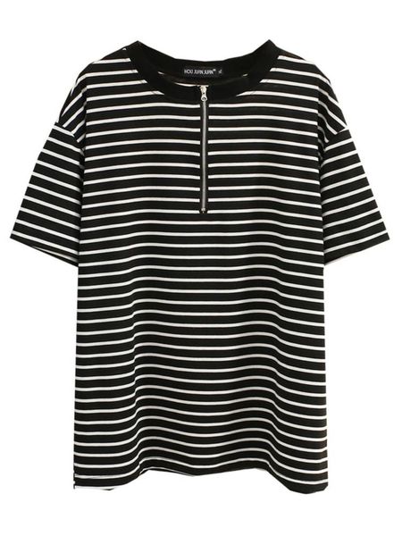 

t-shirt women's clothing plus size tshirt 2022 summer fashion short sleeve tees casual design striped zipper a222812, Black