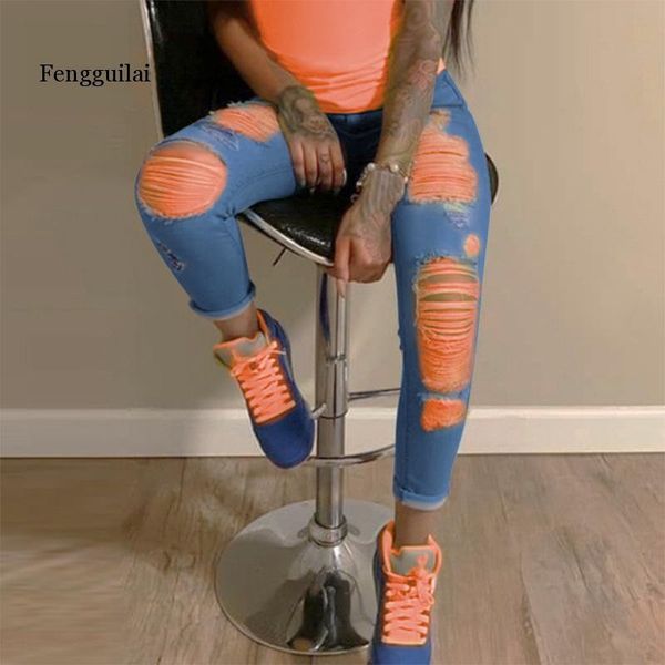 

jeans orange print ripped jeans for women denim pencil pants high waist skinny boyfriend jeans torn jeggings large size mom jeans 2020, Blue