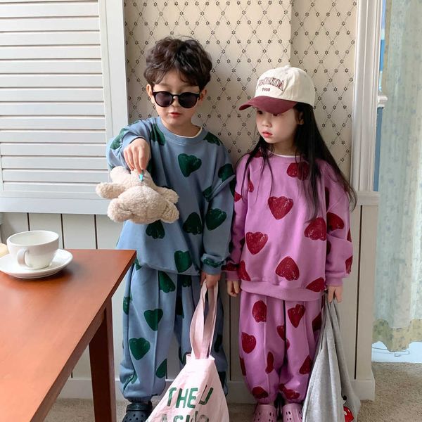 

s children clothing kids 2023 spring boys and girls korean style crewneck hoodie pants love printed two piece set p230418, White