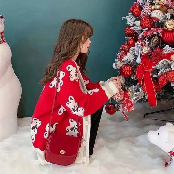 

sweaters 2021 cute bear christmas women's sweater new spring/autumn korean trend cardigan sweater jacket women knitted coat, White;black