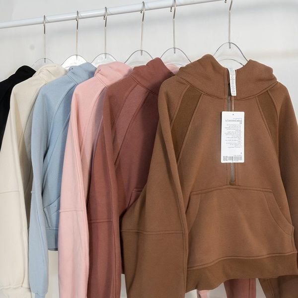 

ll women hoodies half zip long sleeve fleece crop pullover sweatshirts with pockets thumb hole elastic zipper thick loose short style yoga s