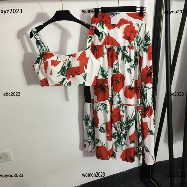 

fashions women's tracksuits red flower and green leaf printing ladies two piece dress sets 2pcs bra and skirt new arrival april14, White