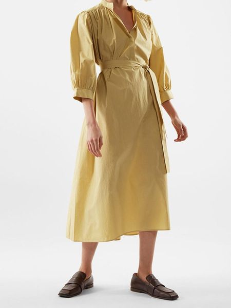 

dresses women stand collar pleated kneelength dress half sleeve solid color ladies casual laceup female robe with sashes spring 2022, Black;gray