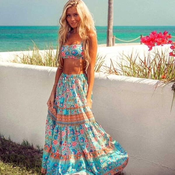 

dresses super chic midi skirt women elastic waist bohemian blue floral print skirt women 2021 spring summer skirt new floral boho skirt, Black;gray
