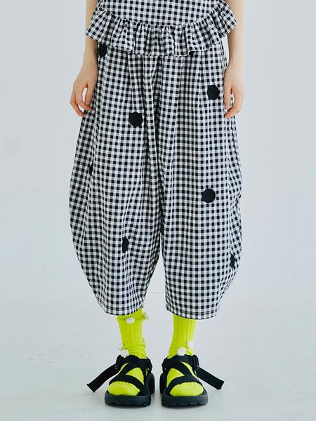 

capris imakokoni 2022 original casual polka dot plaid tapered pants loose spring women's trousers elastic waist check cropped trousers, Black;white