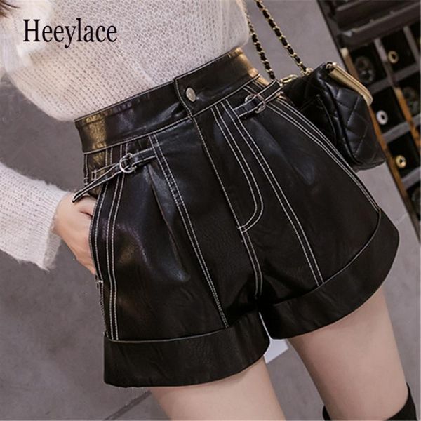 

shorts short vintage noir en faux cuir pu pour femme taille haute avec lacets jambes courtes et larges nouvelle collection automne hi, White;black