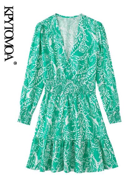 

dresses kpytomoa women fashion with ruffled printed mini dress vintage three quarter sleeve elastic waist female dresses vestidos mujer, Black;gray