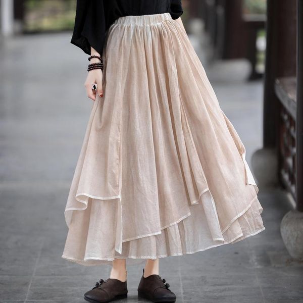 

capris johnature women irregular skirt cotton linen elastic waist solid color elegant patchwork clothes 2021 summer new simple skirts, Black;white
