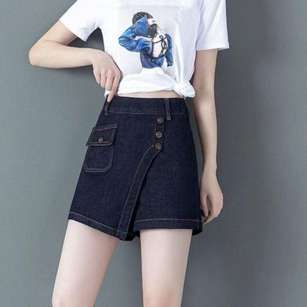 

dresses 2022 summer new arrival japanese mujer faldas summer slit denim skirt high waist button slim culottes solid fashion mini jupes, White;black