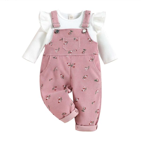 

clothing sets 2 pieces kids suit set solid color o-neck long sleeve and floral print suspender trousers for girls 6 months-4 years p230418, White