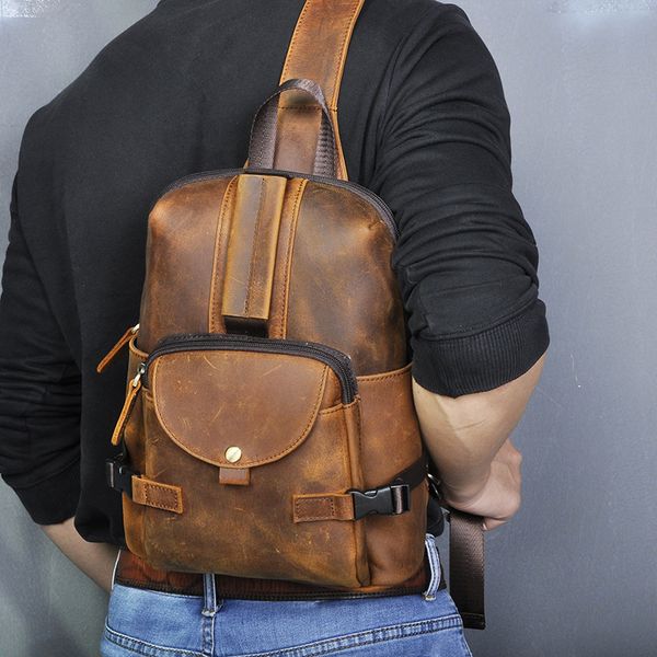 

waist bags men original crazy horse leather casual fashion crossbody chest sling design travel one shoulder daypack male 3028db 230417