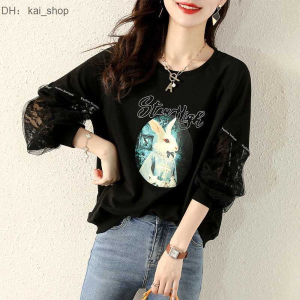 

women's hoodies & sweatshirts 2023 spring/summer new korean fashion lace panel sweater printed pattern simple, Black