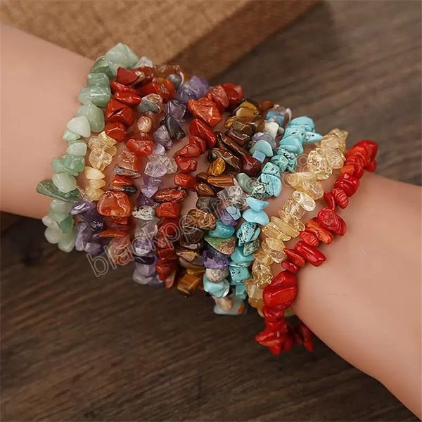 

natural gem stone bracelets irregular crystal stretch chip beads nuggets bracelets bangles quartz chakra wristband for women gift fashion, Golden;silver