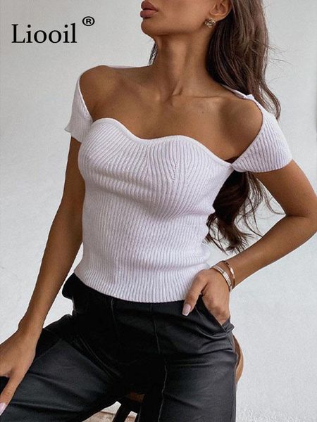 

t-shirt liooil knitted square neck corset black white t shirts for women summer 2022 streetwear short sleeve tees bodycon
