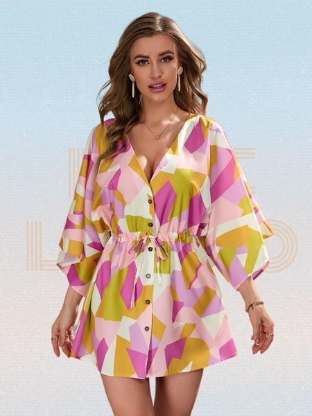 

dresses y2k geometric print deep v neck half sleeve single breasted front belted dress summer women batwing sleeve a line mini dress, Black;gray