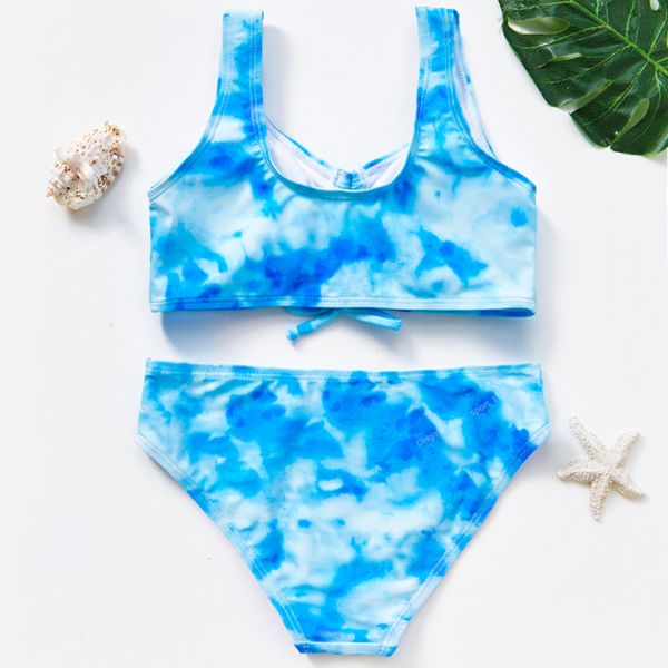 

2022 new girls swimsuit tie dye swimswear two piece biquini for 7-16years with pad 2022 blue tie dye swimwear with pad swimtwo-piece suits s