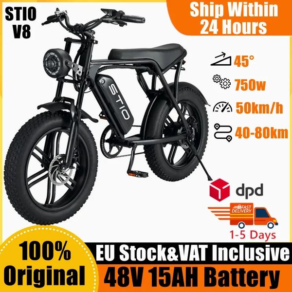 

eu stock stio v8 electric bike 48v 15ah 750w motor power 45km/h max speed 20-inch 4.0 fat tire electric bycycle 150kg load ouxi