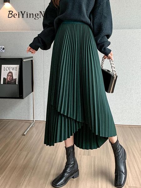

dresses beiyingni women's midi pleated skirt asymmetrical slim elastic waist vintage korean aline skirts 2022 fashion black chic skirt, White;black
