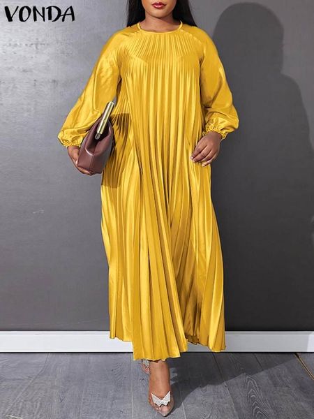 

dresses vonda long dresses 2022 women long sleeve vestidos female aline solid oneck loose satin slik robes pleated sundress oversize, Black;gray