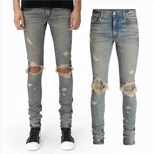 

custom mens slim fit distressed denim pants blue ripped skinny jeans for men