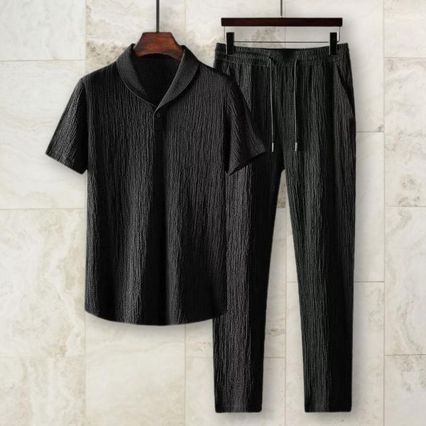 

men's tracksuits 2pcsset summer men's suit elastic waistband pleated casual outfit men business short sleeve shirts long pants set, Gray