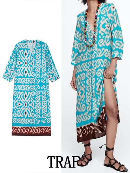 

dresses traf 2022 printed boho long dress women tunic summer dress woman split loose casual dresses button up midi beach dresses, Black;gray