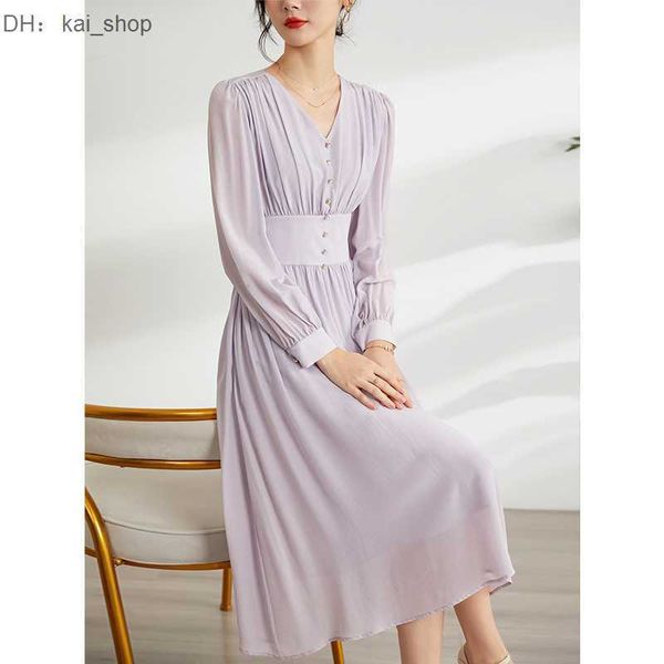 

casual dresses oupinhui silk dress femininity long sleeve mulberry a-line skirt french v-neck high waist slim1, Black;gray