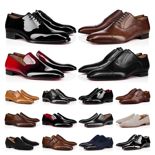 

size 39-47 mens dress shoes casual luxury designers genuine patent leather rivets red shoe blakc flat men business party wedding oxfords, Black