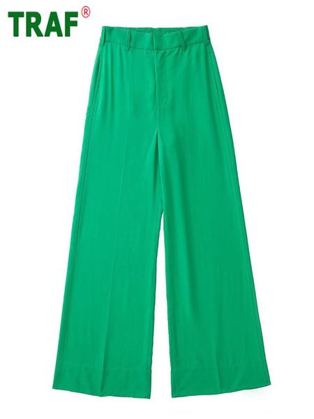 

capris traf green wide leg pants women high waist palazzo woman trousers vintage office baggy pants for women summer loose streetwear, Black;white