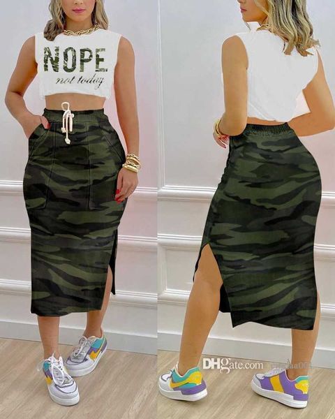

women clothing designer dress suit 2023 summer new fashion plaid printed open navel tank split skirt two piece set, White