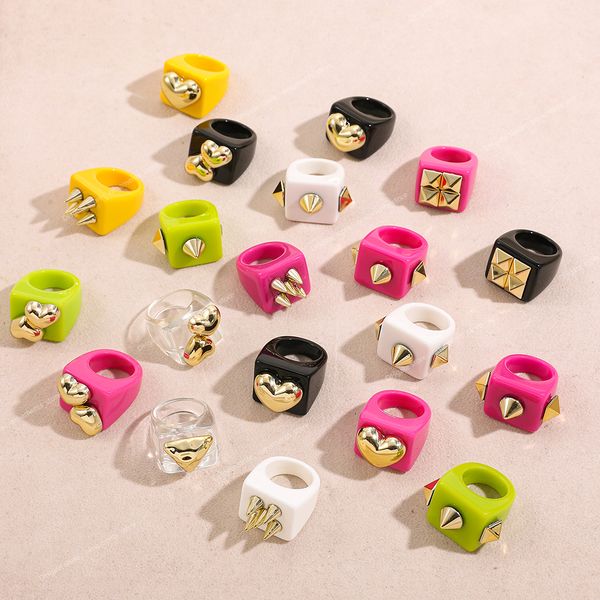 

fashion gold color heart geometric square ring candy color resin acrylic big rings for women girls aesthetic jewelry gift fashion jewelryrin, Golden;silver