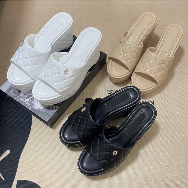 

womens platform wedge heels 8.5cm slippers designer sandals quilted texture gold-tone metal slide 100% leather ladie summer beach shoe luxur, Black