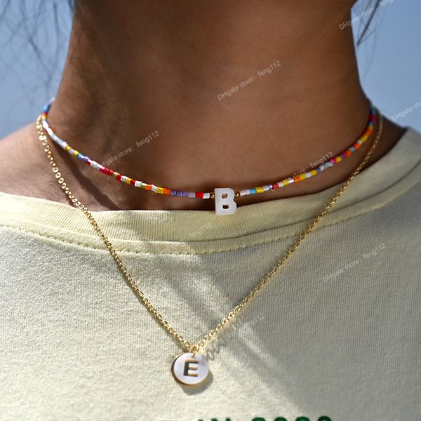 

bohemia beaded choker necklace for women initial 26 letters pendant chain necklace fashion shell pearl jewelry boho accessories fashion jewe, Silver