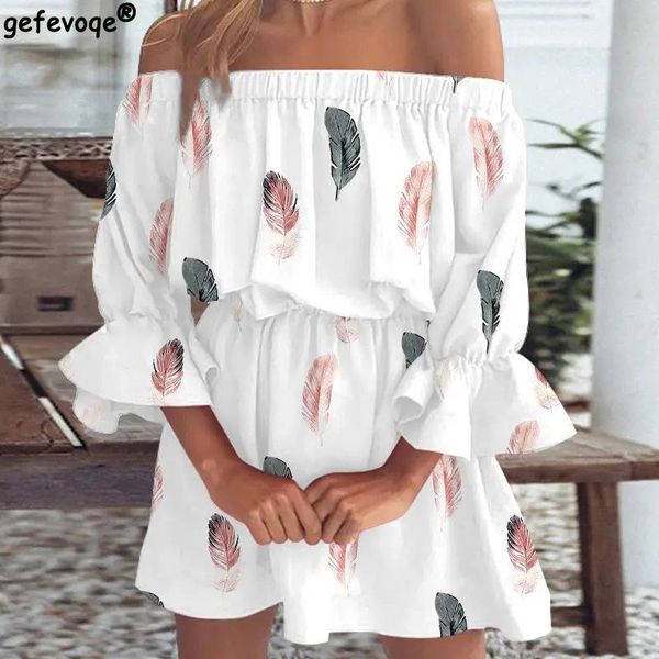 

dresses slash neck butterfly sleeve above knee short skirt printed off shoulder loose mini dress summer streetwear women clothing, Black;gray