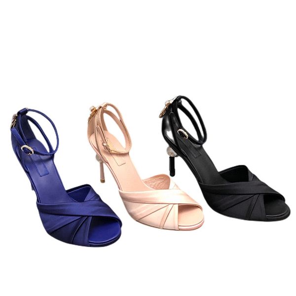 

womens summer fashion crystal satin sandal slipper shoes designer high stiletto heel open round toe ankle strap, Black