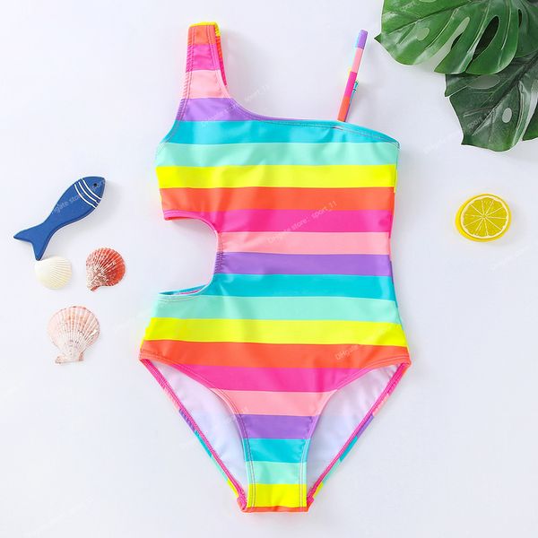 

2022 girls swimsuit one piece striped cut-out swimwear 3-10years oblique shouldered bathing suit rainbow children's swimwear swimone-pi