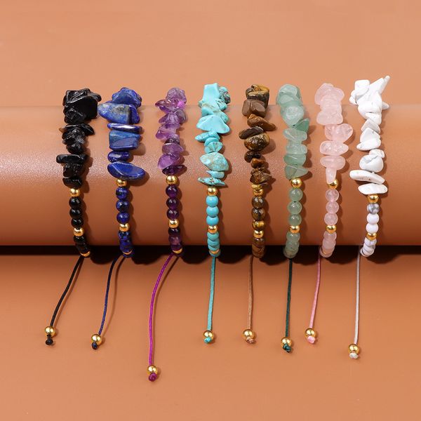 

woman irregular natural chip stone adjustable bracelet healing gravel crystal round beaded bracelets for women fashion jewelry, Golden;silver