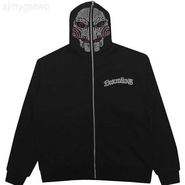 

men's hoodies y2k full zip up hoodie men autumn winter gothic rhinestones web sweatshirt hip hop grunge skeleton oversized jacket 75621, Black
