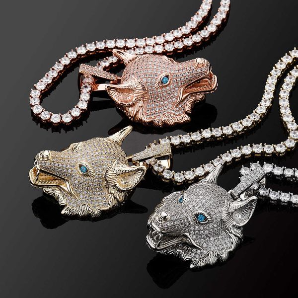 

punk hip hop wolf head necklace pendant mens animal charm iced out cubic zirconia clavicle chain fashion versatile personalized jewelry coll, Silver