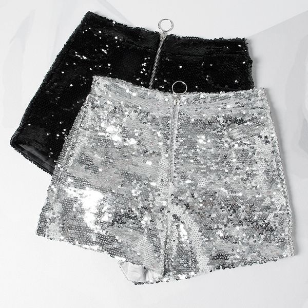 

women's shorts bling women sequin shorts high waist oring zip bodycon shorts feminino skinny party club festival raves pole dance short, White;black