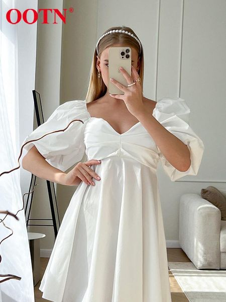 

dresses ootn summer white dress puff sleeve square neck aline mini dress women elegant pleated casual party prom dresses lady 2022, Black;gray