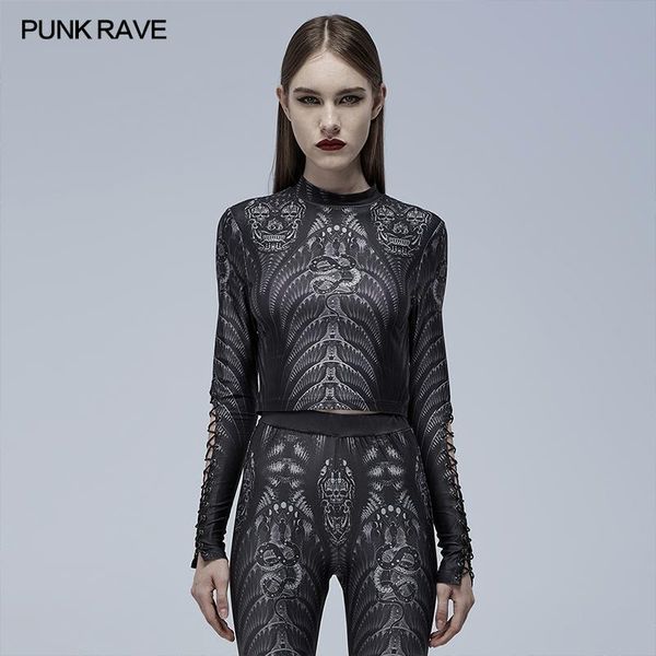 

t-shirt punk rave women's gothic skeleton print mesh slim tshirt punk rock snake pattern dark thin section short, White
