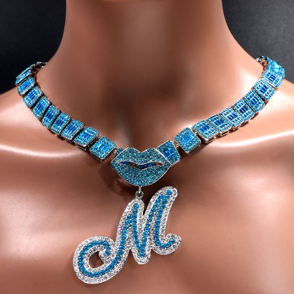 

strands strings iced out blue cursive initial crystal letter necklace for women square cuban chain baguette rapper necklace jewelry 230418, Black